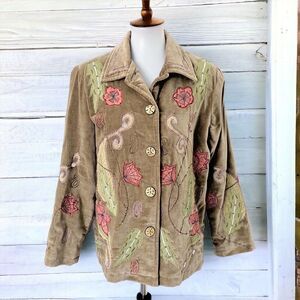 Indigo Moon Velour Velvet Tan Boho Embroidered Floral Artsy Hippie Blazer Jacket